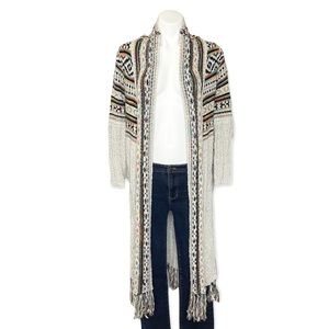 INTHEBEGINNING Fringed Boho Aztec Duster Cardigan Sweater Gray Small